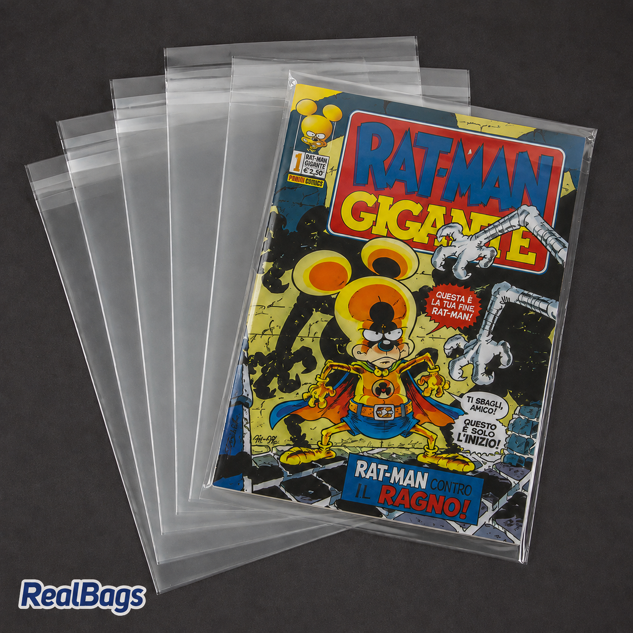 100 Buste per fumetti RAT-MAN GIGANTE in PPL 60 micron cm 21x28,5+4,5 con adesivo