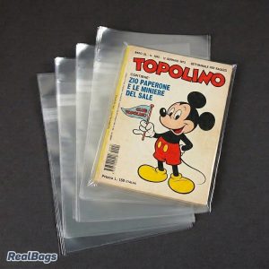 100 Buste per fumetti TOPOLINO CLASSICO in PPL 60 micron cm 14x19,5+4 con adesivo